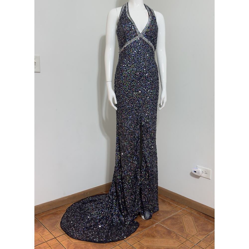 Prom Gown Sequin Halter Womens Maxi Dress Mermaid Slit Train Sparkly Gala Size 2